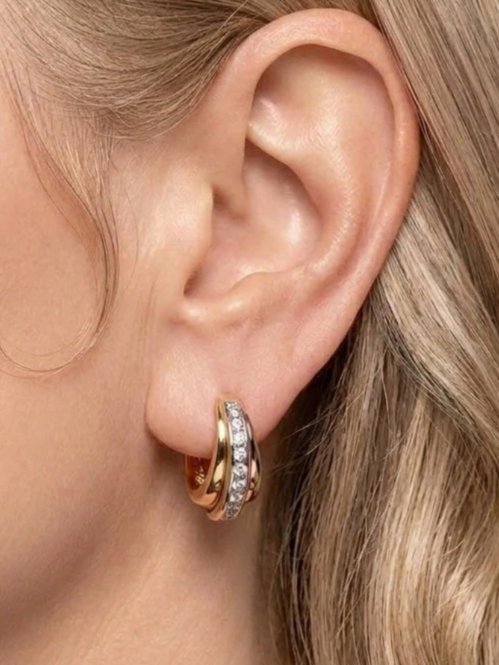 18k Solid Gold With Diamonds Overlay On 18k White Gold Huggie Earrings